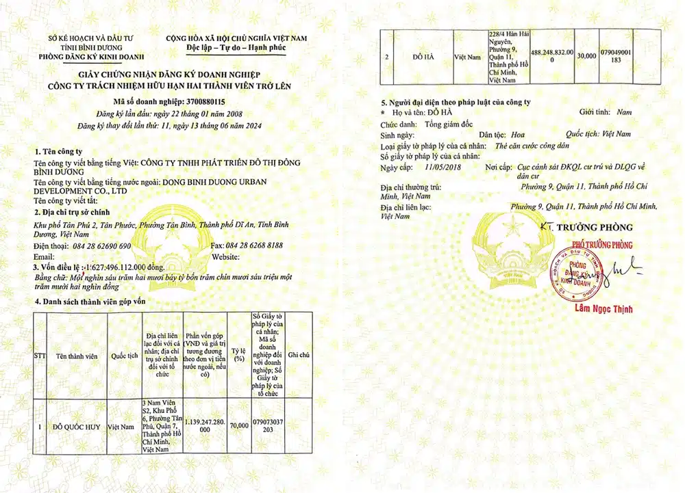 Giấy Phép Kinh Doanh Công Ty Đông Bình Dương