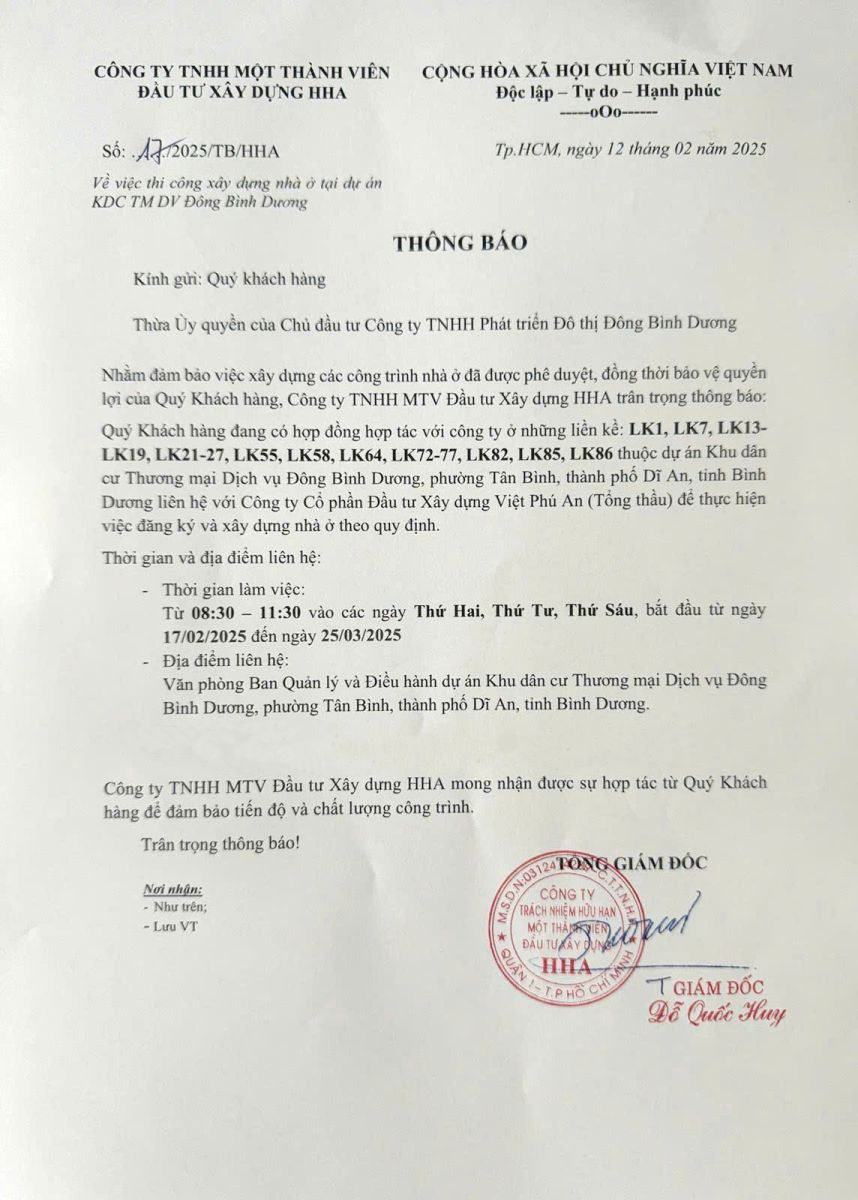 Thông báo cư dân vào xây nhà tại dự án khu đô thị Đông Bình Dương