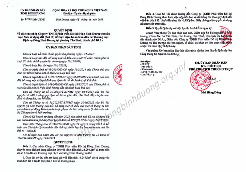 Quyết định giao đất đợt 10 dự án đông bình dương
