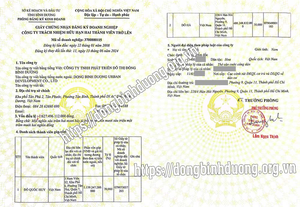 Dự Án Đông Bình Dương Lừa Đảo - Liệu Rằng Dự Án Có Lừa Đảo Hay Không ? 2 Giấy chứng nhận đăng ký doanh nghiệp Công ty TNHH Phát triển Đô thị Đông Bình Dương