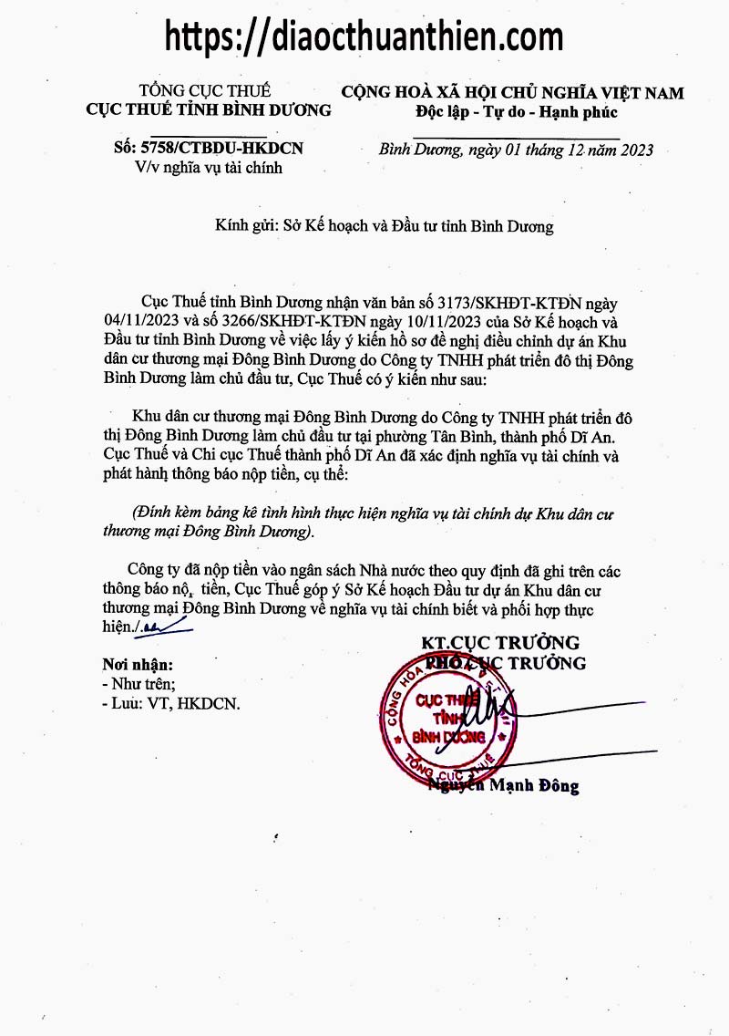 Đông Bình Dương Dự Án Treo 15 Năm - Nguyên Nhân Do Đâu Mà Dự Án Treo 15 Năm 4 Chi cục thuế tỉnh Bình Dương đã ký văn bản số 5758/CTBDU-HKDCN xác nhận Công ty TNHH Phát triển Đô thị Đông Bình Dương đã hoàn thành nghĩa vụ tài chính đối với Nhà nước
